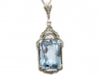 Art Deco Silver & Blue Paste Pendant on Silver Chain