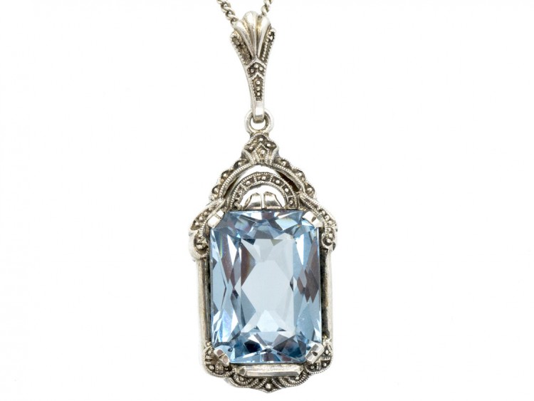 Art Deco Silver & Blue Paste Pendant on Silver Chain
