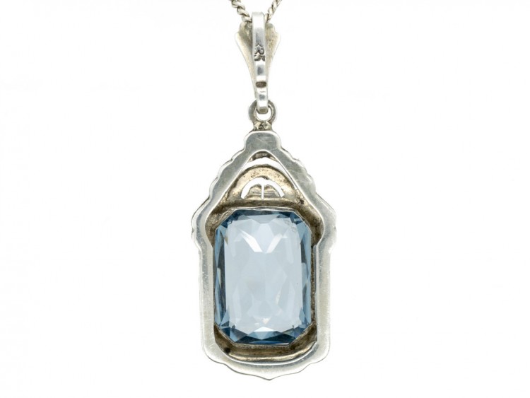 Art Deco Silver & Blue Paste Pendant on Silver Chain