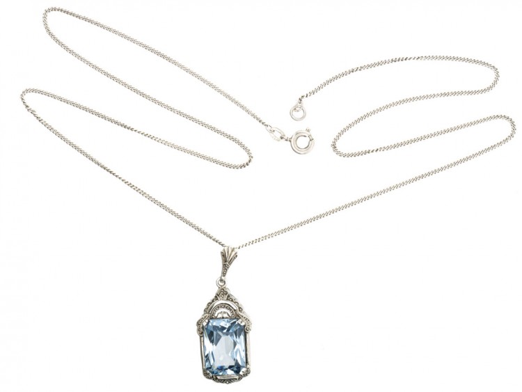 Art Deco Silver & Blue Paste Pendant on Silver Chain