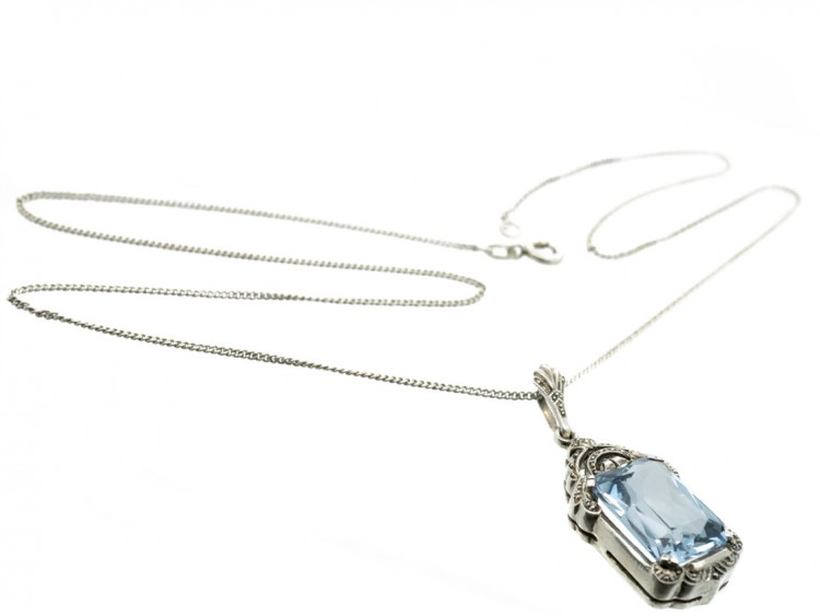 Art Deco Silver & Blue Paste Pendant on Silver Chain