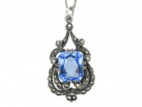 Art Deco Silver Blue Paste & Marcasite Pendant on a Silver Chain