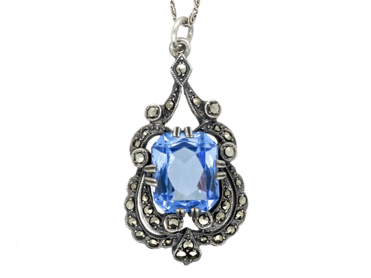 Art Deco Silver Blue Paste & Marcasite Pendant on a Silver Chain