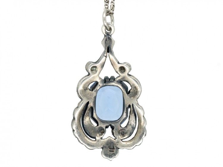 Art Deco Silver Blue Paste & Marcasite Pendant on a Silver Chain
