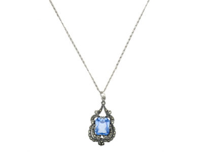 Art Deco Silver Blue Paste & Marcasite Pendant on a Silver Chain