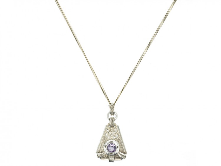 Art Deco Silver & Amethyst Pendant on Silver Chain