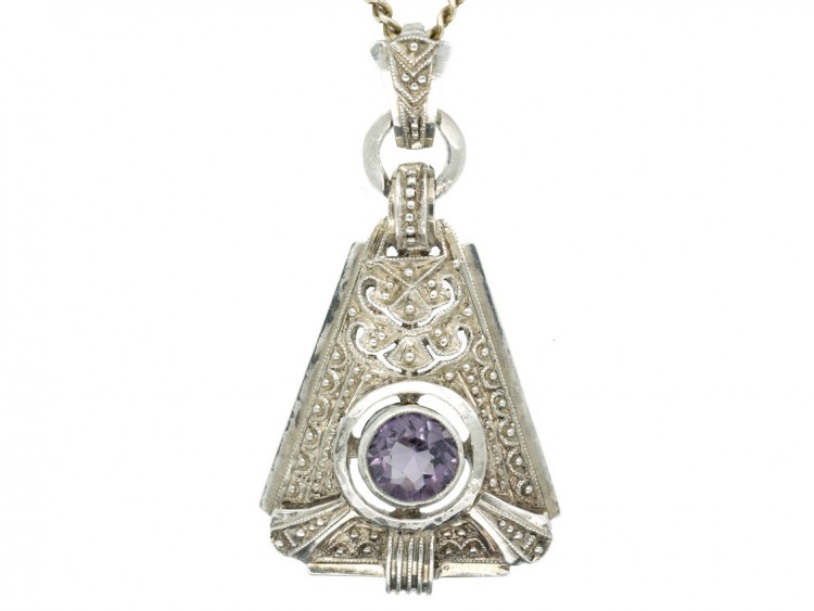 Art Deco Silver & Amethyst Pendant on Silver Chain