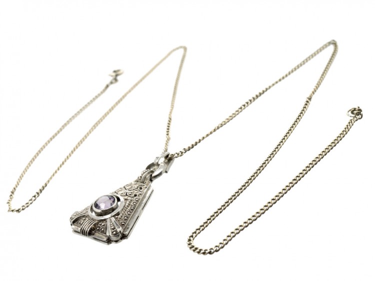Art Deco Silver & Amethyst Pendant on Silver Chain
