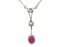 Art Deco Platinum Ruby & Diamond Pendant on Platinum Chain