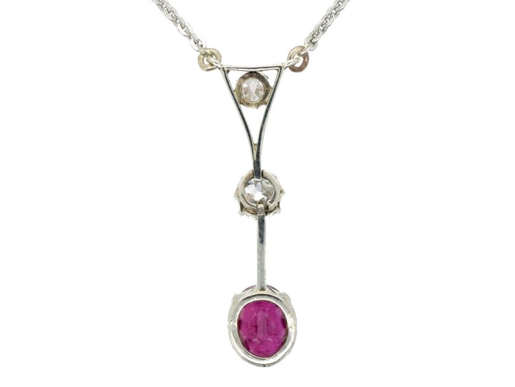 Art Deco Platinum Ruby & Diamond Pendant on Platinum Chain