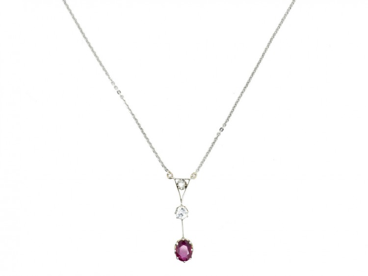 Art Deco Platinum Ruby & Diamond Pendant on Platinum Chain