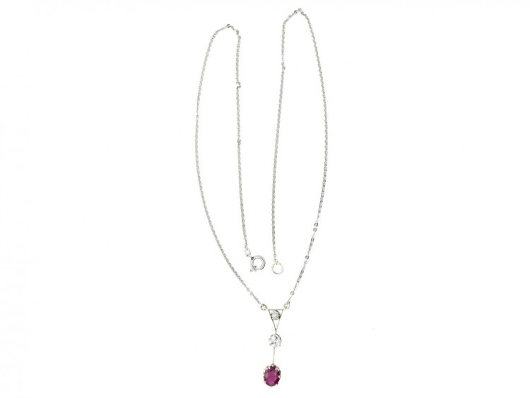 Art Deco Platinum Ruby & Diamond Pendant on Platinum Chain