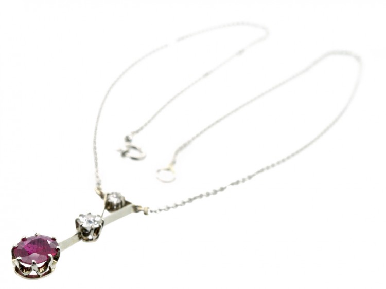 Art Deco Platinum Ruby & Diamond Pendant on Platinum Chain