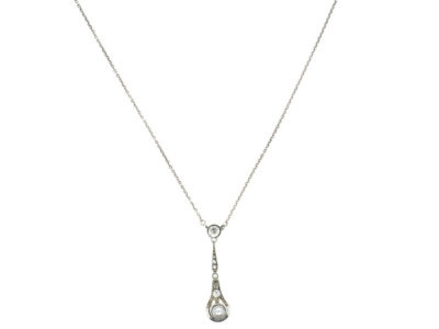 Art Deco Silver, Paste & Cultured Pearl Pendant on Silver Chain
