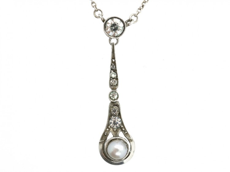 Art Deco Silver, Paste & Cultured Pearl Pendant on Silver Chain