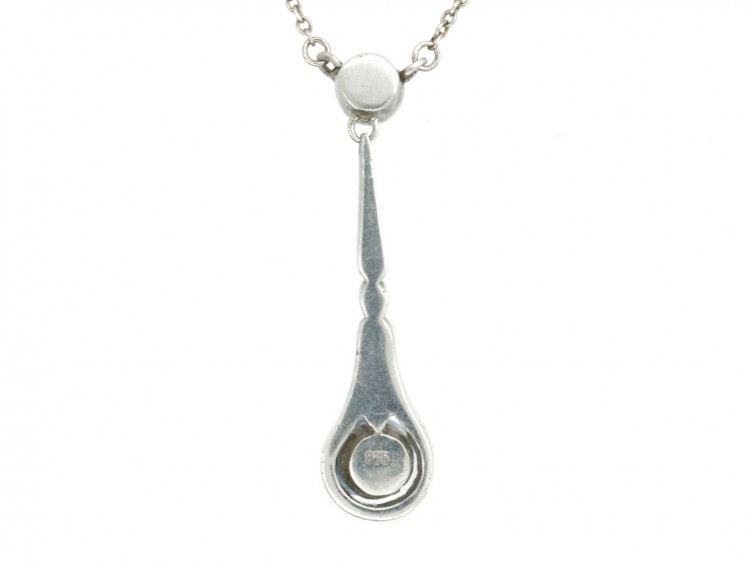 Art Deco Silver, Paste & Cultured Pearl Pendant on Silver Chain