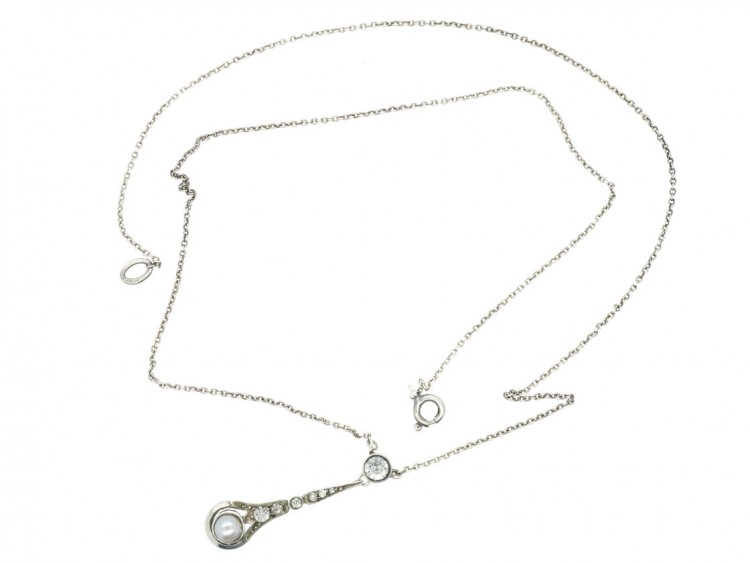 Art Deco Silver, Paste & Cultured Pearl Pendant on Silver Chain