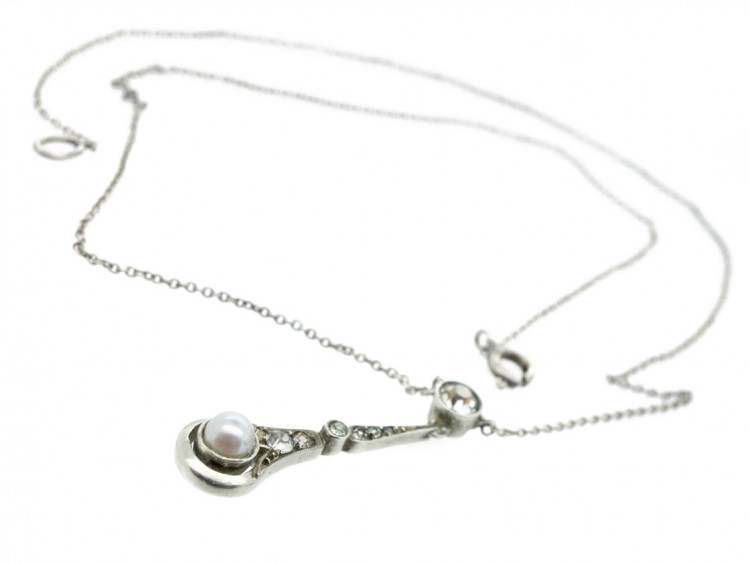 Art Deco Silver, Paste & Cultured Pearl Pendant on Silver Chain