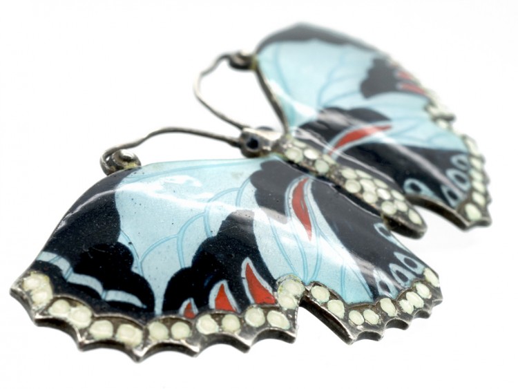 Silver Blue, White, Red & Black Butterfly Brooch