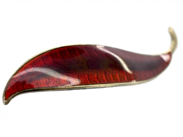 Siver & Strawberry Red Enamel Leaf Brooch