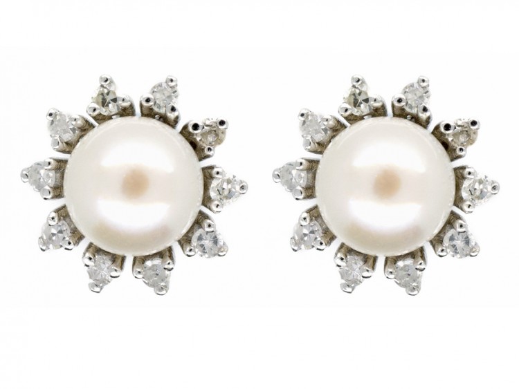 18ct White Gold Pearl & Diamond Cluster Earrings