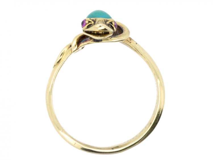 Victorian 18ct Gold Snake Ring set with a Turquoise & Ruby Eyes