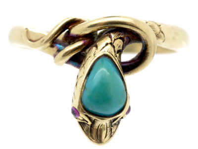 Victorian 18ct Gold Snake Ring set with a Turquoise & Ruby Eyes
