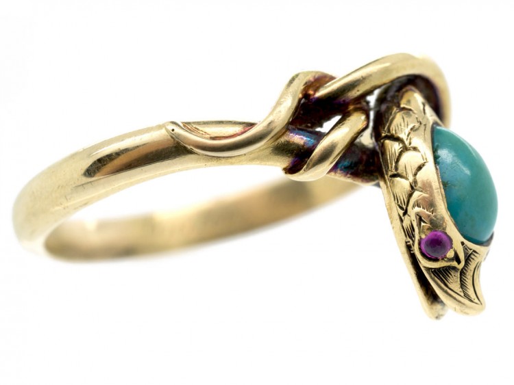 Victorian 18ct Gold Snake Ring set with a Turquoise & Ruby Eyes
