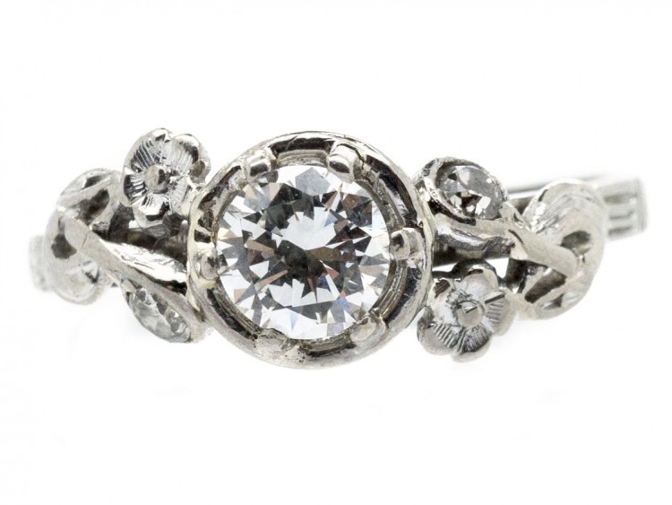 18ct White Gold & Diamond Solitaire Ring with Diamond Flower Shoulders