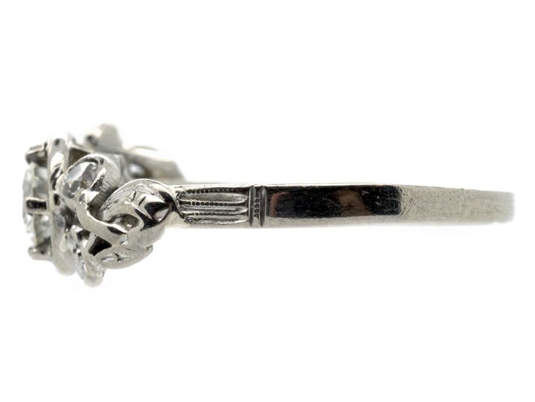 18ct White Gold & Diamond Solitaire Ring with Diamond Flower Shoulders
