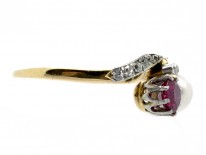 18ct Gold & Platinum Art Nouveau Ruby, Natural Pearl & Diamond Ring