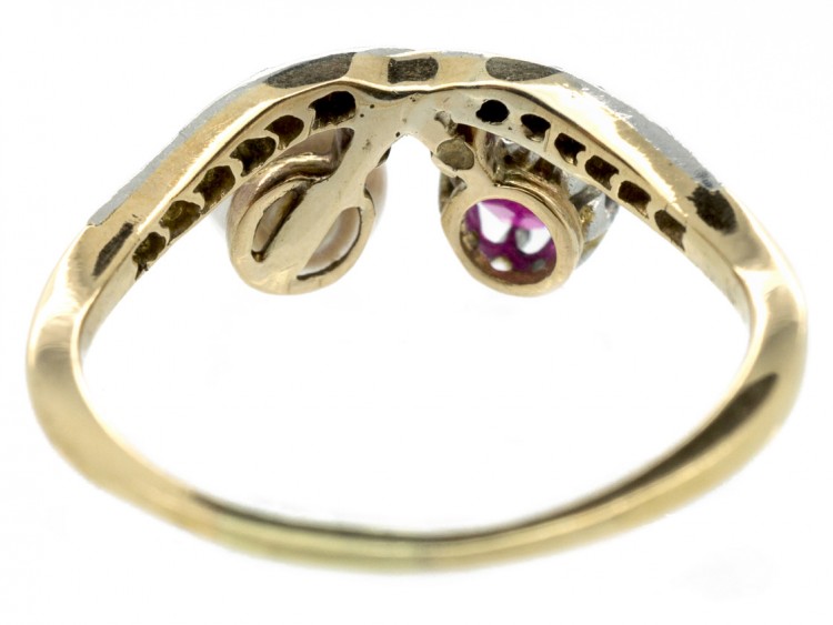 18ct Gold & Platinum Art Nouveau Ruby, Natural Pearl & Diamond Ring