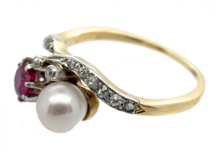 18ct Gold & Platinum Art Nouveau Ruby, Natural Pearl & Diamond Ring