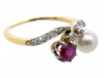 18ct Gold & Platinum Art Nouveau Ruby, Natural Pearl & Diamond Ring