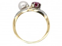 18ct Gold & Platinum Art Nouveau Ruby, Natural Pearl & Diamond Ring