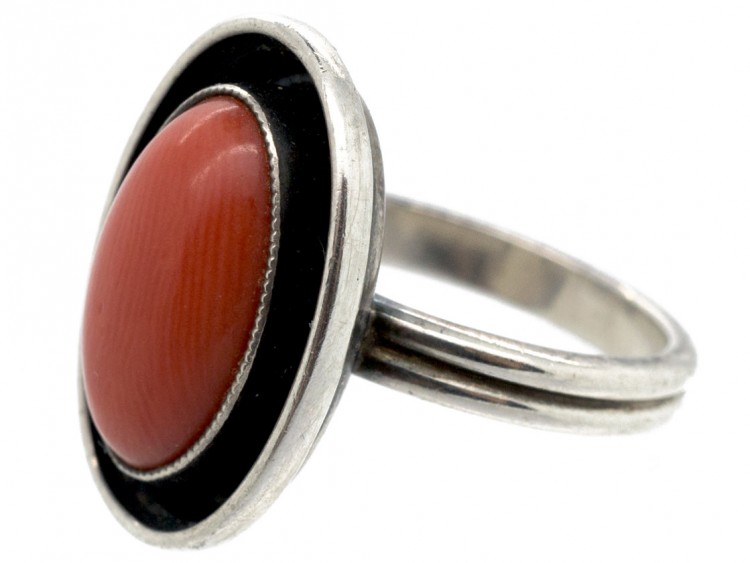 1950s Oval Coral & Silver Ring