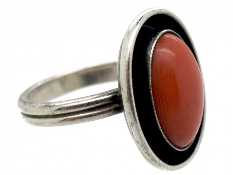 1950s Oval Coral & Silver Ring