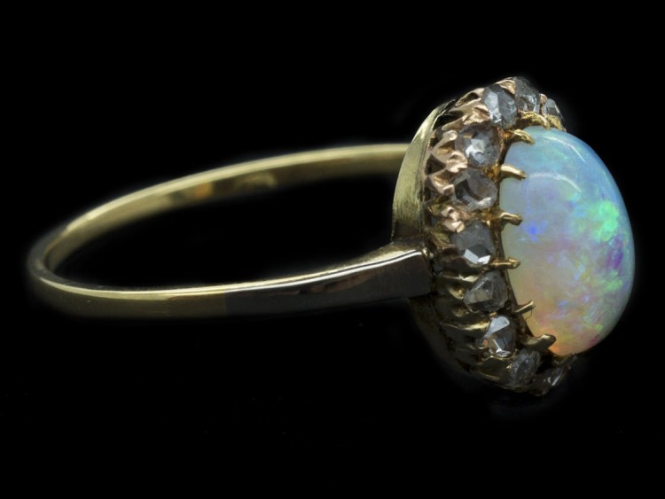 Edwardian 18ct Gold Oval Cluster Ring Set With an Opal & Rose Diamonds