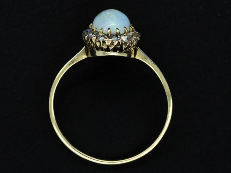 Edwardian 18ct Gold Oval Cluster Ring Set With an Opal & Rose Diamonds