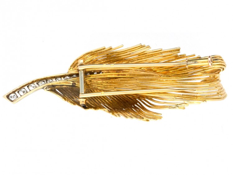 French 18ct Gold Feather Brooch set with Diamonds