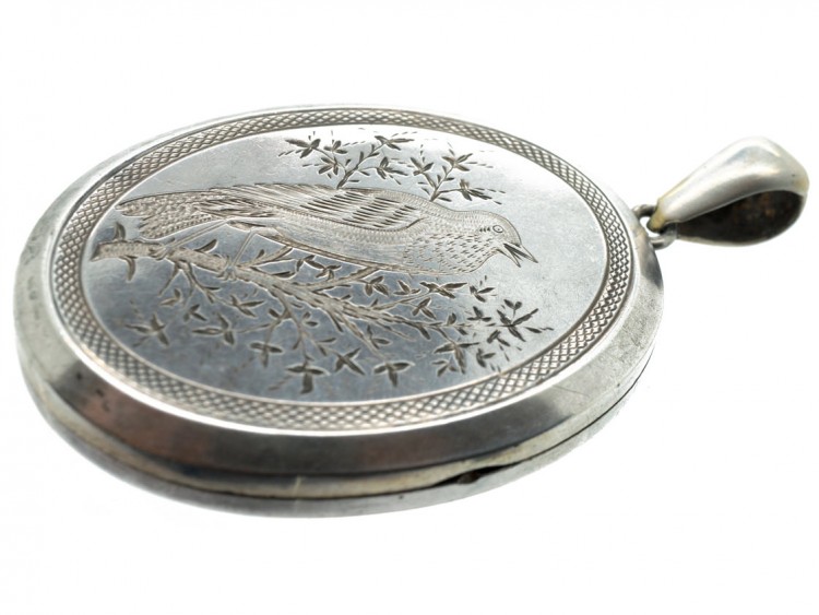 Victorian Silver Locket with Engraved Song Bird