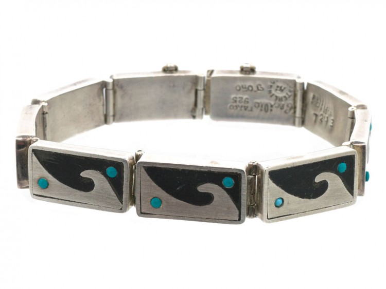 Mexican Silver Wave Design Bracelet set with Turquoise