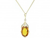 Art Deco Citrine & Diamond Drop Pendant on Chain