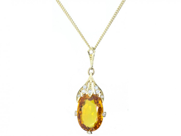 Art Deco Citrine & Diamond Drop Pendant on Chain