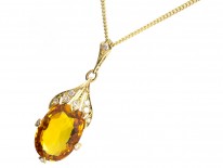 Art Deco Citrine & Diamond Drop Pendant on Chain