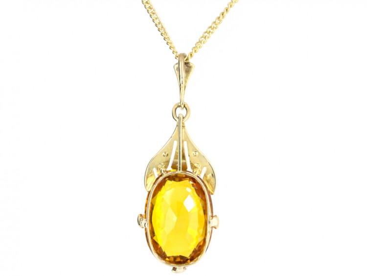 Art Deco Citrine & Diamond Drop Pendant on Chain