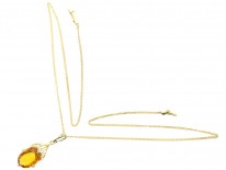 Art Deco Citrine & Diamond Drop Pendant on Chain