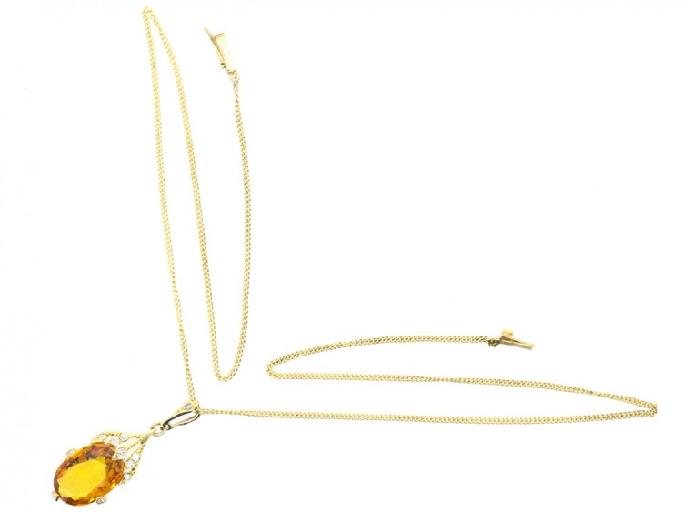 Art Deco Citrine & Diamond Drop Pendant on Chain