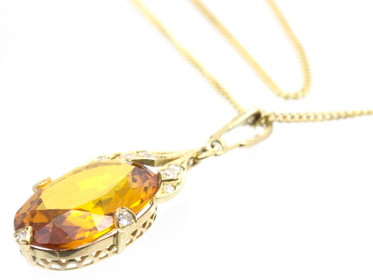 Art Deco Citrine & Diamond Drop Pendant on Chain