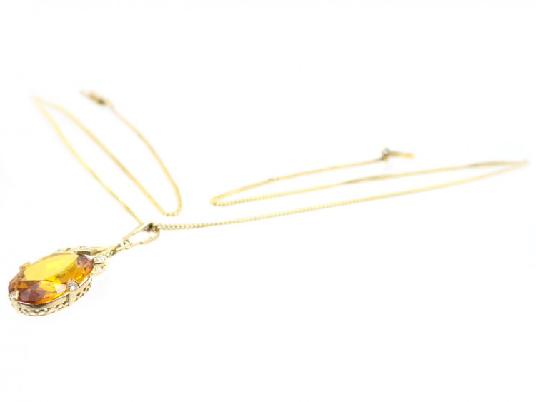 Art Deco Citrine & Diamond Drop Pendant on Chain